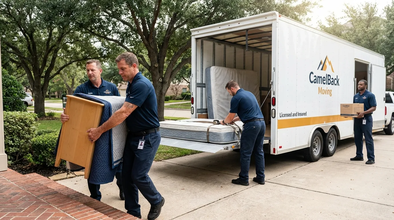 Crew loading residential truck for cross-state move from Flora Vista, NM