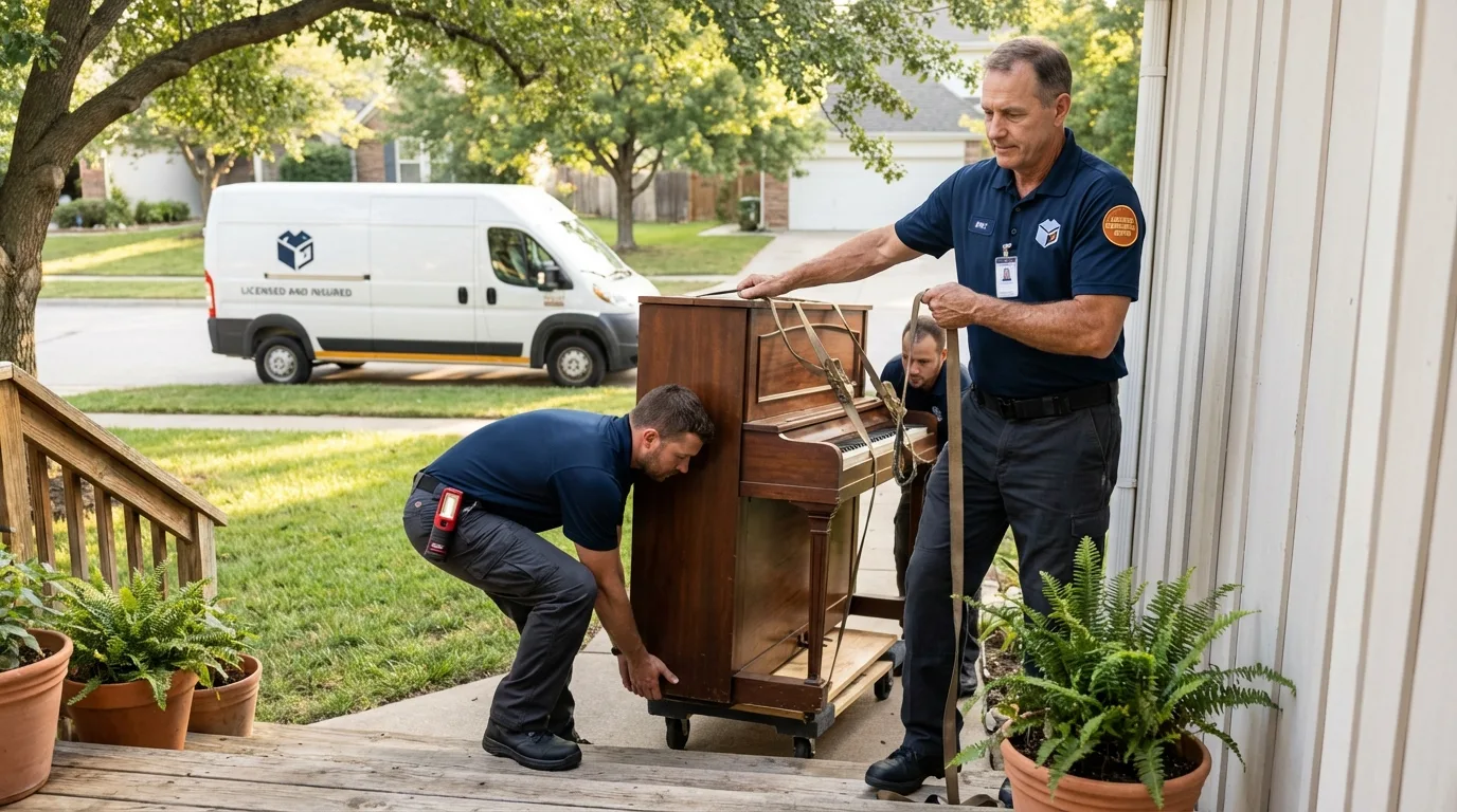 Licensed piano movers securing grand piano in Flora Vista, NM