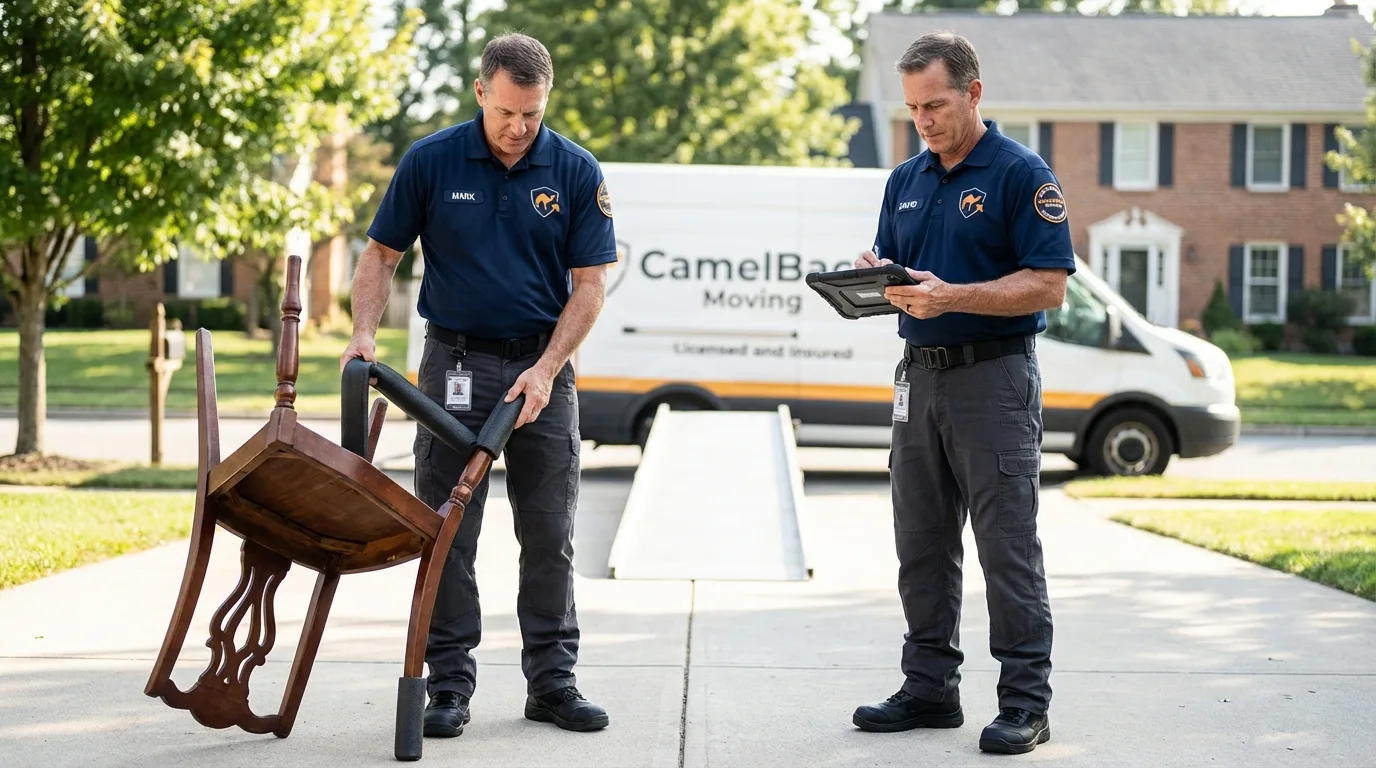 Movers inspecting furniture for damage prevention before loading in Flora Vista, NM