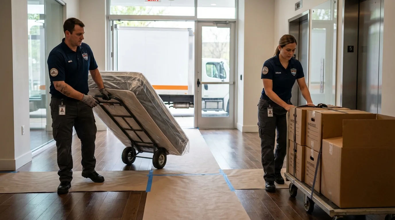 Professional apartment movers loading elevator in Flora Vista, NM