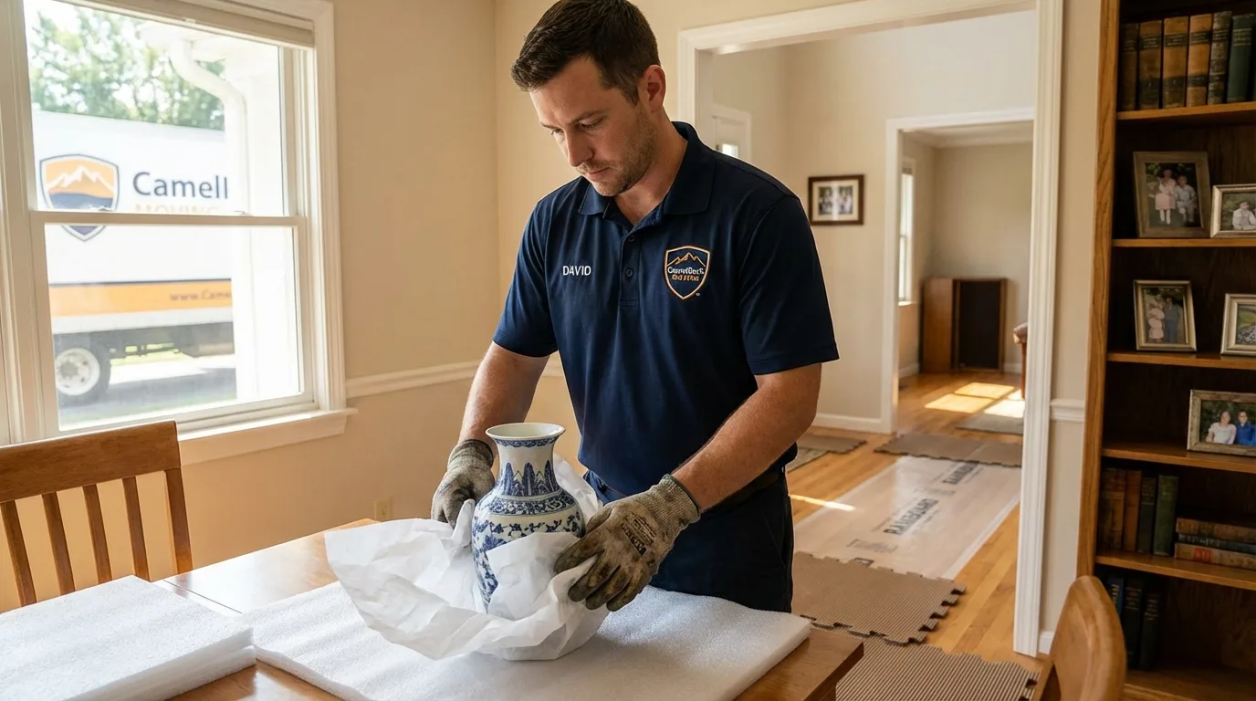 Professional crew carefully wrapping antique vase for senior downsizing move in Flora Vista, NM